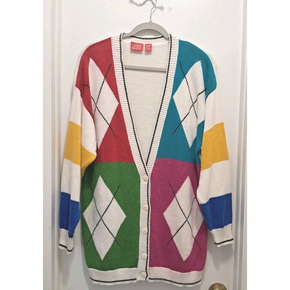 Crazy Horse Y2K Argyle Knit Cardigan Sweater Women’s L Cotton Ramie Thick